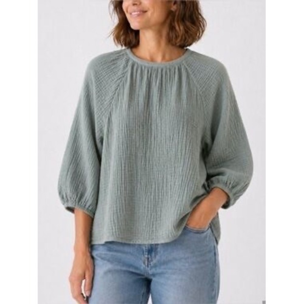 Alice Walk Top Green Organic Cotton Gauze Tie Back Long Sleeve Blouse M